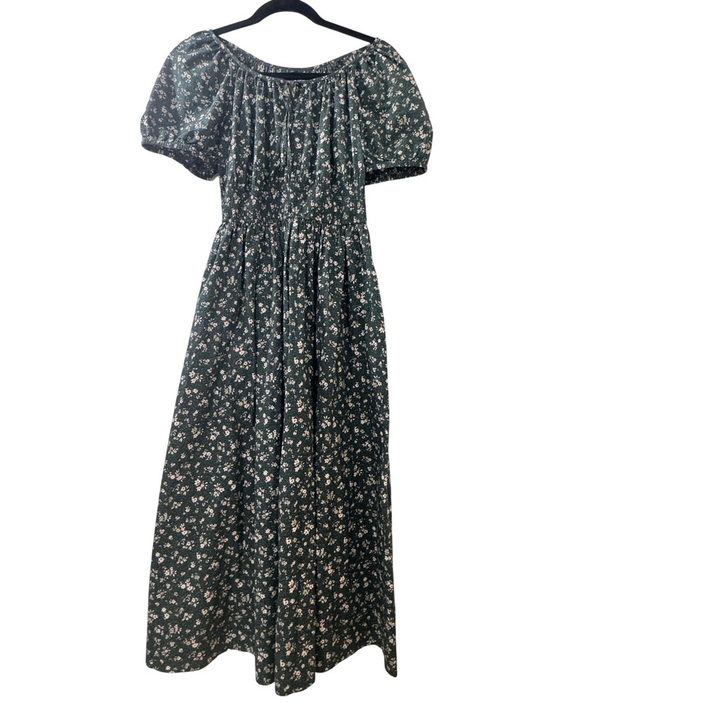 Uniqlo Women Green Floral Smocked Waist Puff Sleeve Midi Dress XS